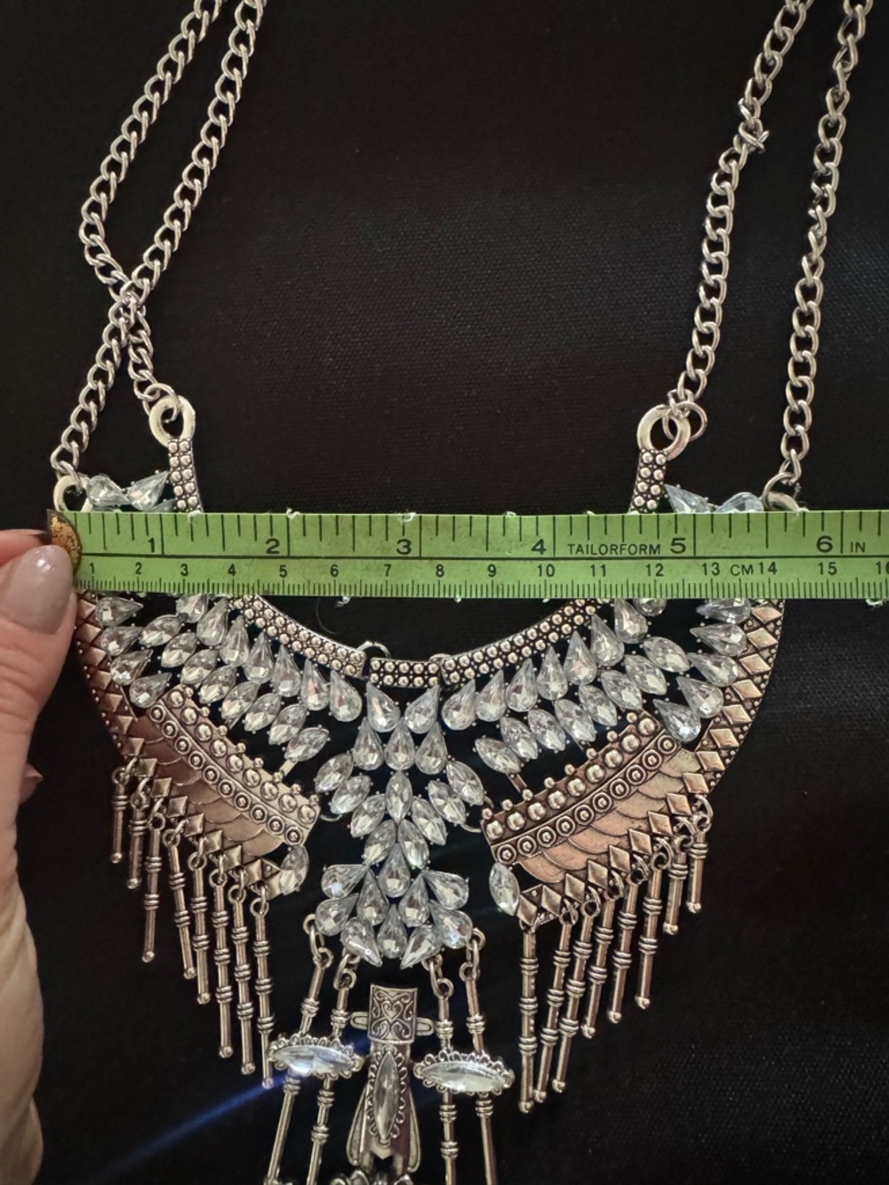 Silver Crystal Fringe Statement Necklace - Women Jewelry - Picture 8 of 13